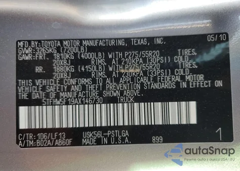 2010 Toyota Tundra Crewmax Limited z USA, uszkodzony, nr VIN 5TFHW5F19AX146730